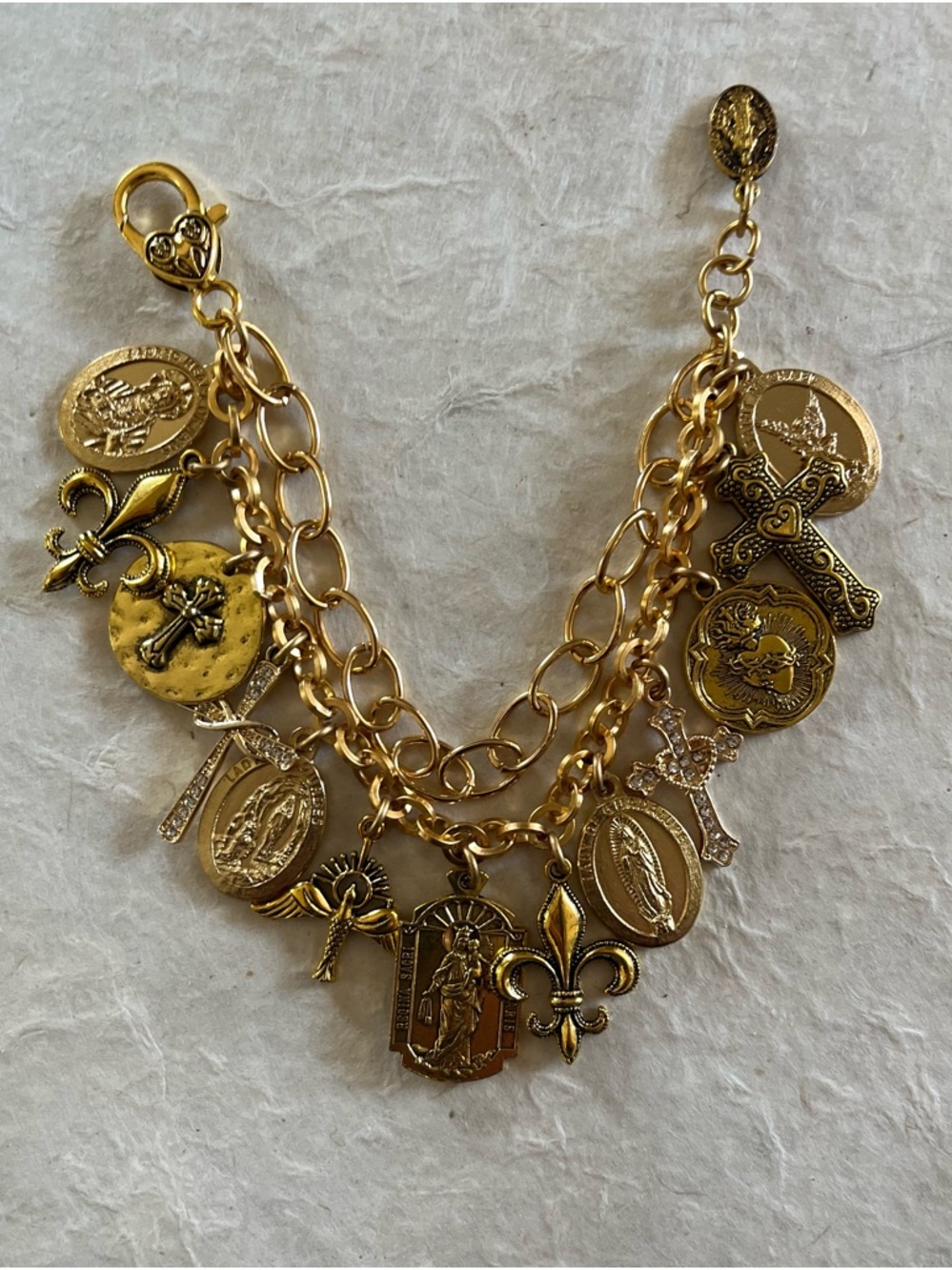 Catholic Saints and Crosses Charm Bracelet, Gold Tone Medals